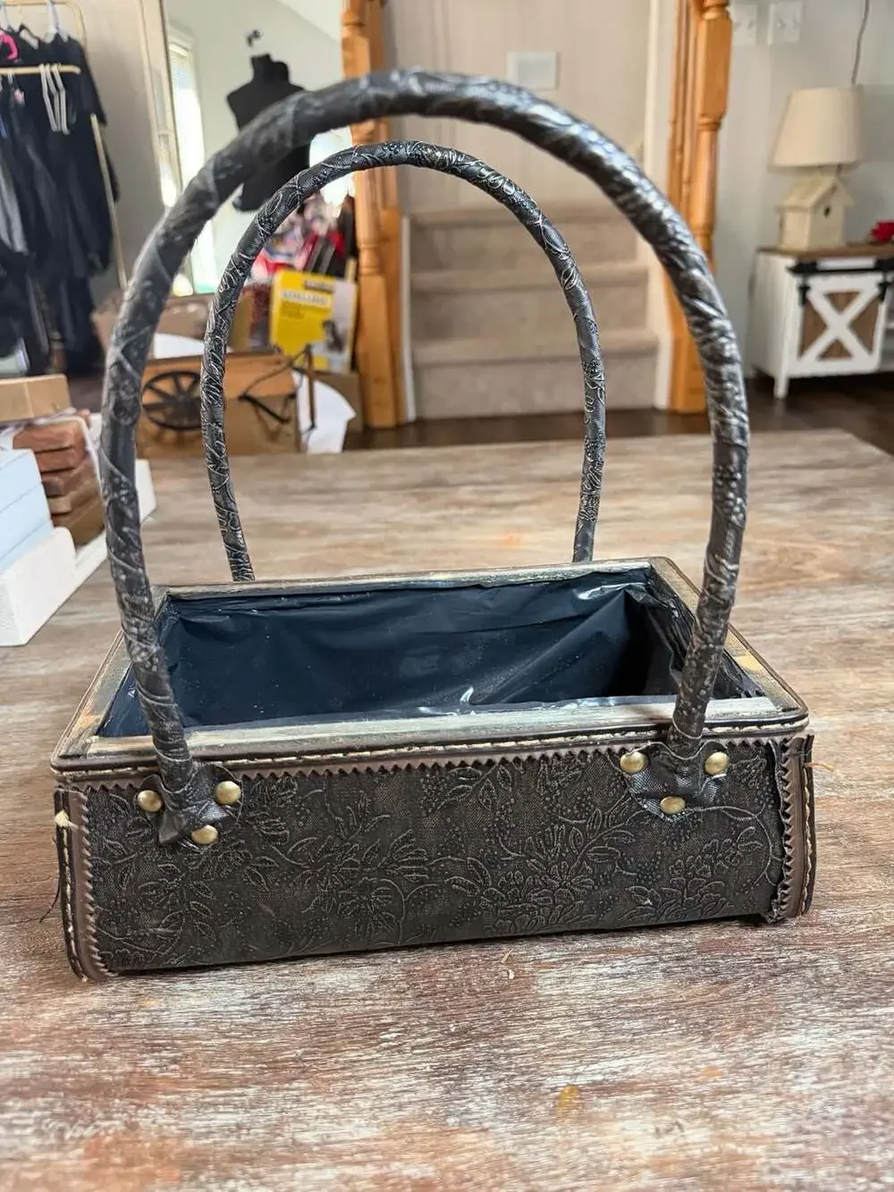 Faux Leather Embossed Floral Purse Style Decorative Planter Basket